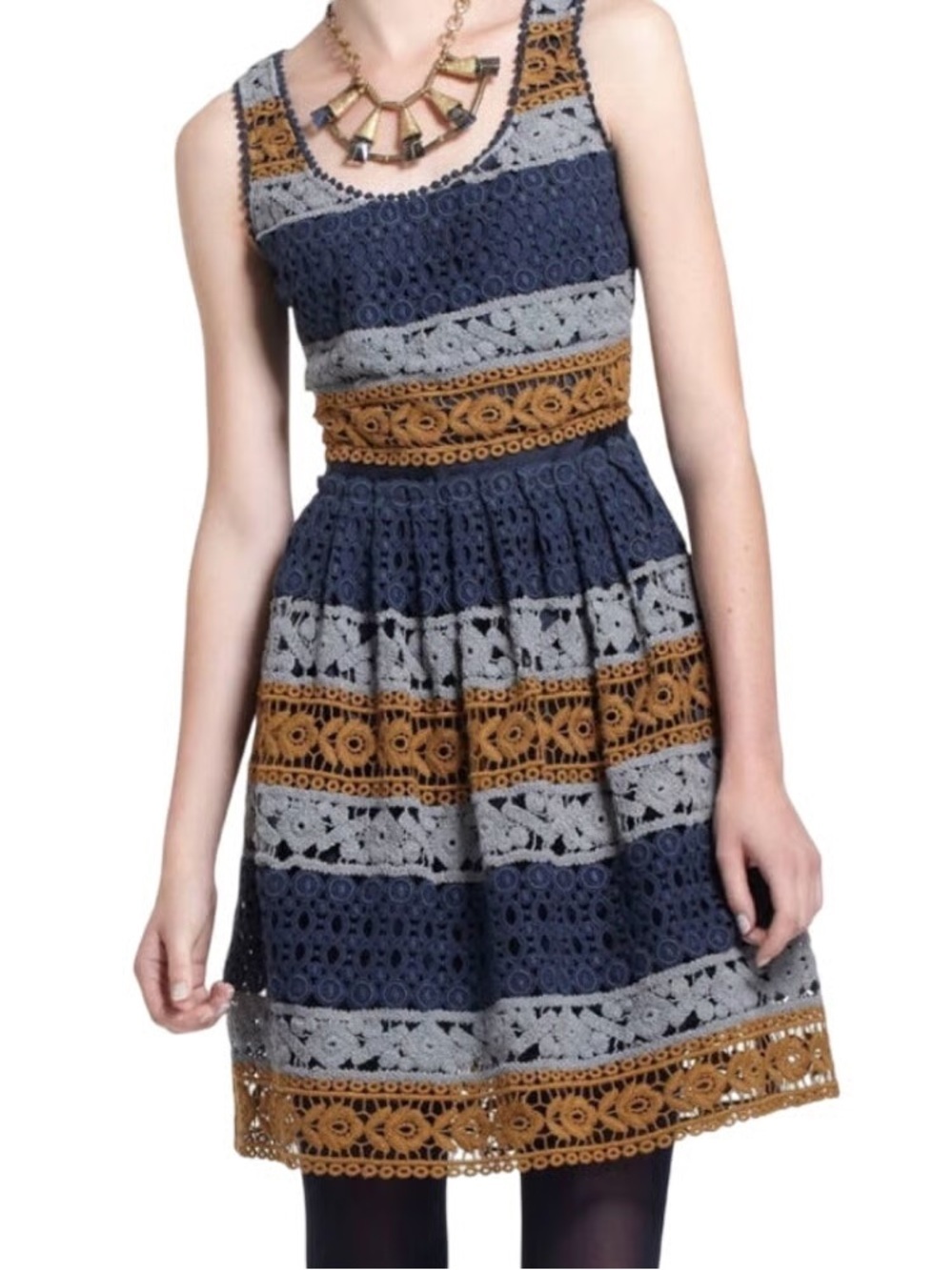 Anthropologie Maeve Crochet Lace Fit & Flare Dress Blue Tan Colorblock, 2
